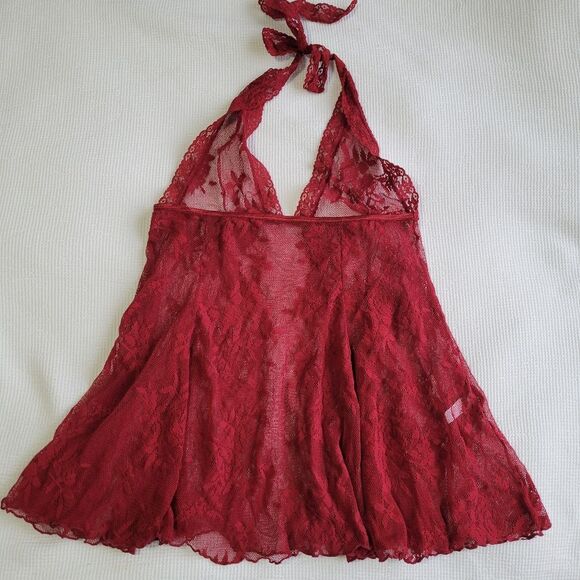 FREDERICKS OF HOLLYWOOD Maroon Lace Babydoll Size M/L Halter Neck Floral Unlined - Picture 4 of 6